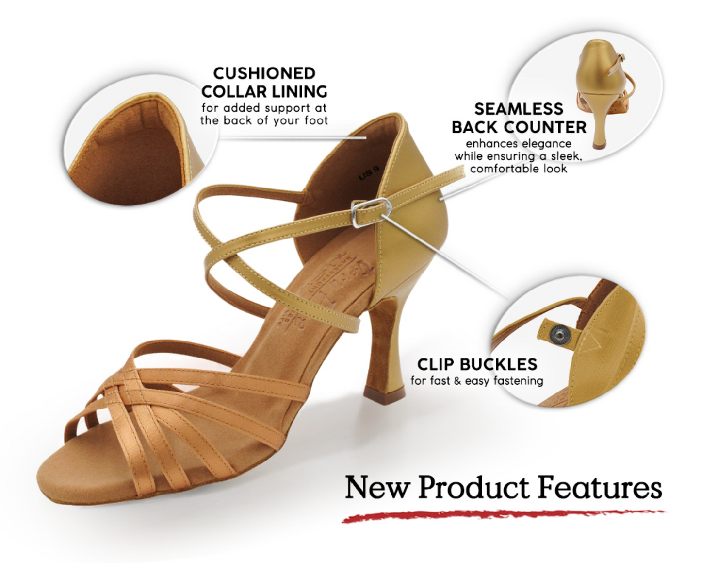 Zapatilla de salón adulto satín color canela y cuero dorado cobre con hebilla de clip