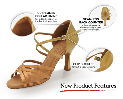 Zapatilla de salón adulto satín color canela y cuero dorado cobre con hebilla de clip